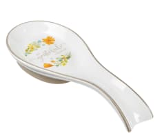 Ceramic Spoon Rest- Be Grateful, White With Border and Flowers (Grateful Collection)