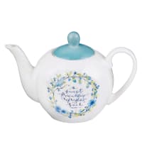 Ceramic Teapot: Proverbs 27: 9, White With Blue Lid, Flowers and Bird, 887 ml (Sweet Friendship Collection)