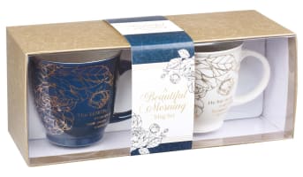 Ceramic Mugs (set of 2): Floral Blue & White With Gold (The Lord, He Has Made) (414 ml) Homeware