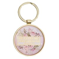 Metal Keyring: He Gives Me New Strength Cream Floral (Psalm 23:3)