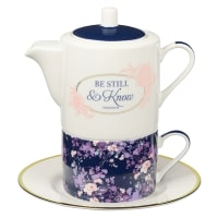 Ceramic Tea For One Set: Be Still, Psalm 46:10, White/Purple (Pot 420 ml, Cup 250 ml, Saucer)
