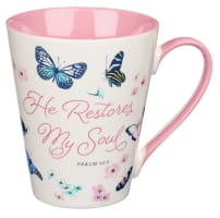 Ceramic Mug: He Restores My Soul (Psalm 23:3) Butterflies/Pink Inside (414 Ml) Homeware