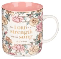 Ceramic Mug : The Lord is My Strength and My Song (Psalm 118:14) White/Pink Floral (414 ML) (Strength & Song Series) Homeware