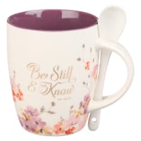 Ceramic Mug 355ml With Spoon: Be Still & Know, Psalm 46:10, Purple Homeware