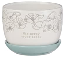 Ceramic Planter Pot With Saucer: His Mercy Never Fails, White/Light Blue (Pastel Meadow Collection)
