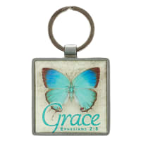 Metal Keyring: Grace Butterfly Blue/Green (Eph 2:8)