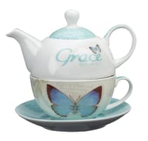Ceramic Tea For One Set: Grace, Blue Butterfly, White/Teal (Pot 414 ml, Cup 237 ml, Saucer)
