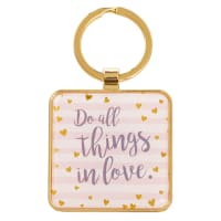 Metal Keyring: Do All Things in Love... (Pink/white Stripes & Hearts)