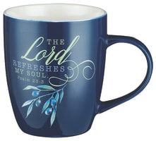 Ceramic Mug: The Lord Refreshes the Soul (Psalm 23:3) Navy Olive Branch (384ml) Homeware