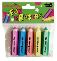 Eraser Pack: 5 Hexagon Pencil Shape Erasers, Jesus Loves Me